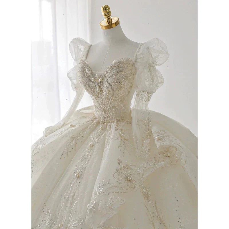 Buyishang Luxury Ball Gown Sweetheart Sequin White Long Sleeves Wedding Dresses With Beads dress for wedding